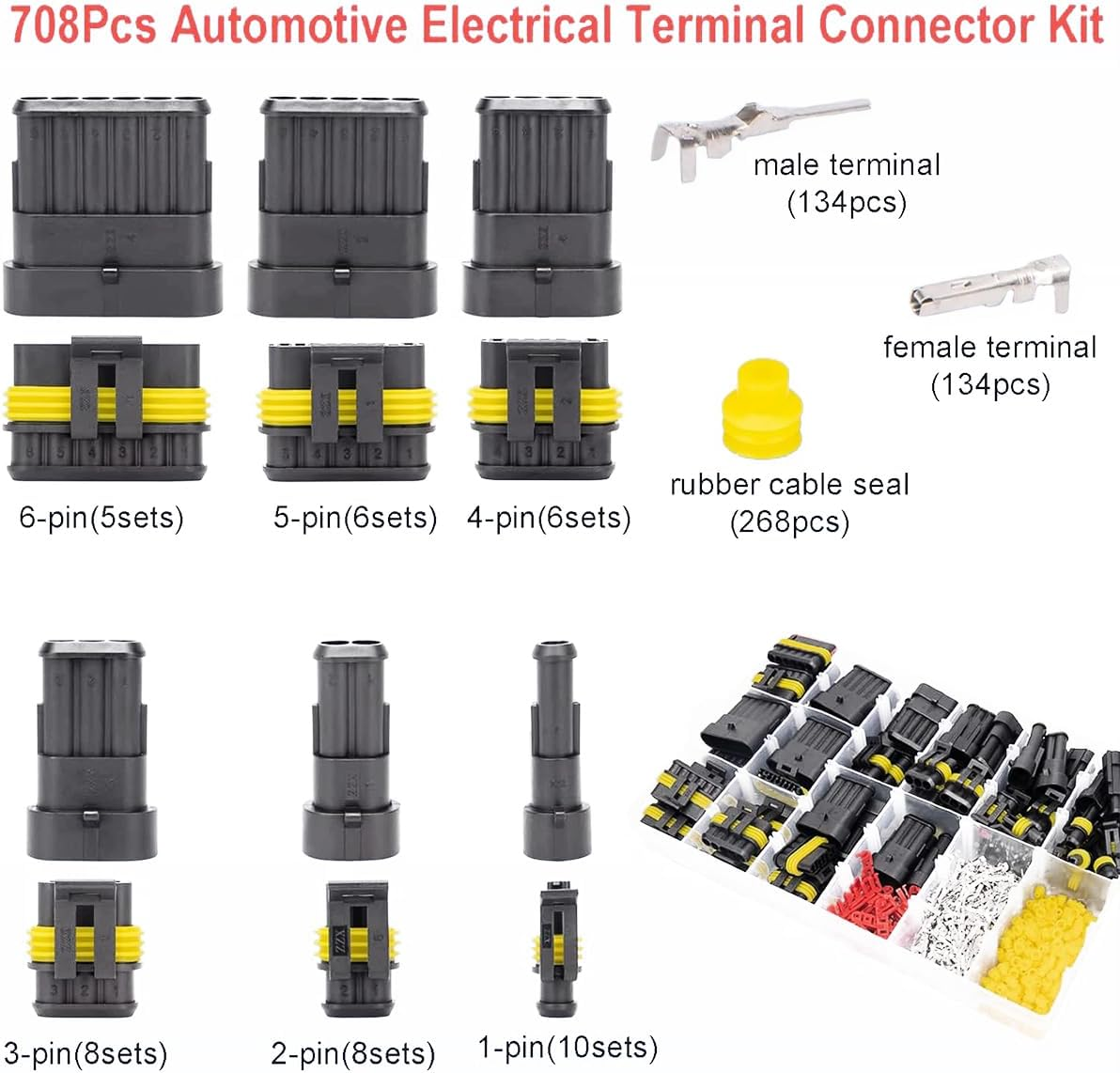 708 Pcs Automotive Electrical Connectors, Waterproof Car Auto Electrical Wire Connector Plug Kit 1/2/3/4/5/6 Male&Female Pin for Car Motorcycle Marine 22-16 AWG image number 4