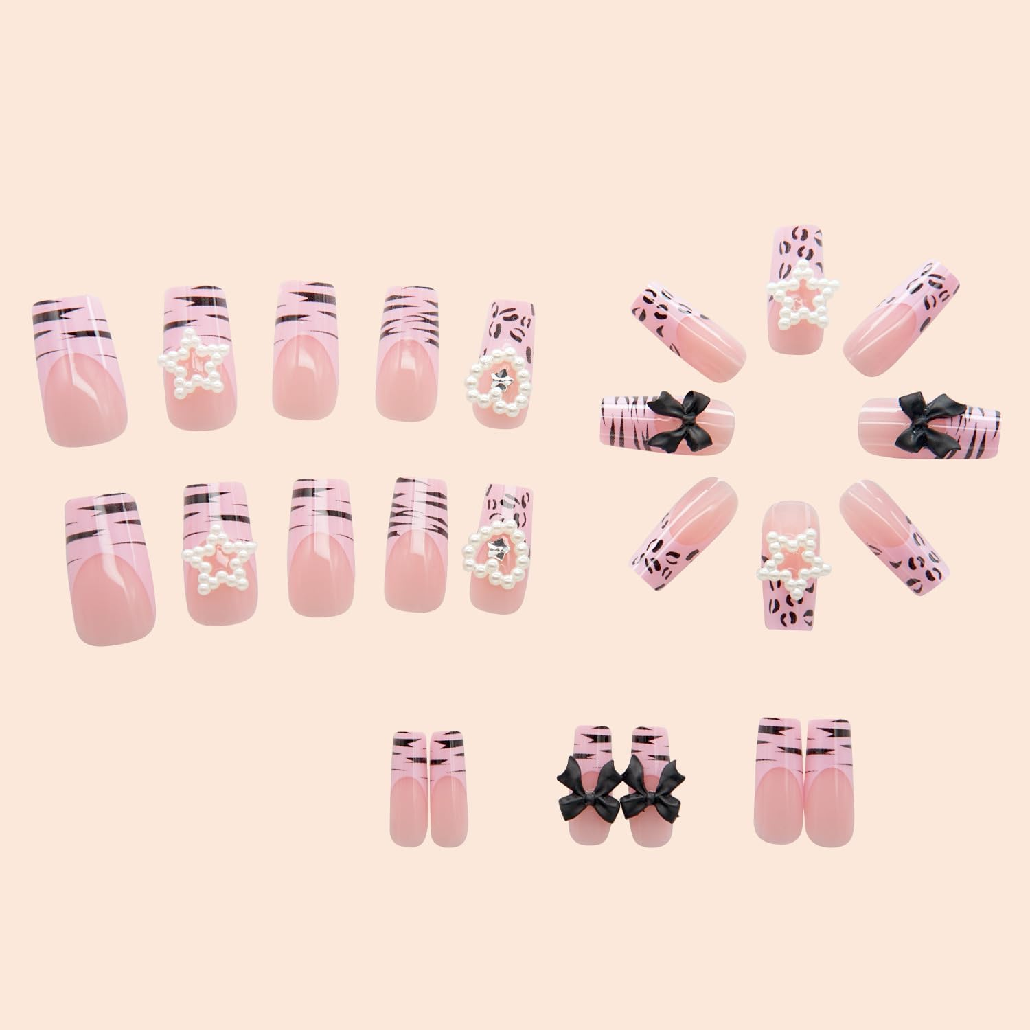 24Pcs Long Square Press-On Nails, Squoval Glossy Fake Nails with White French Tips, Acrylic Nails with Bling Glitter&Pearl Flower Designs, Stick-On False Nails with Rhinestones. image number 1