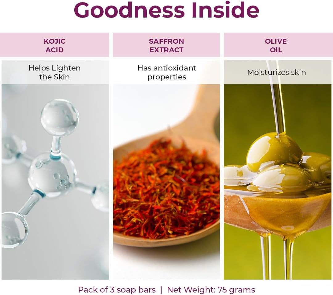 Kozicare Kojic Acid & Glutathione, Saffron Soap | Body Tan Removal & Detan Soap | for Men & Women | for Dark Spots, Excess Oil & Acne Scars | Even Out Skin Tone - Pack of 3 image number 6