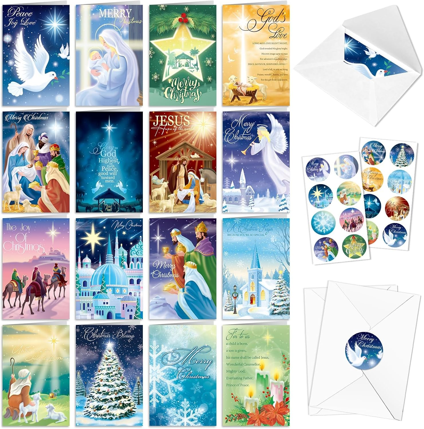 Religious Christmas Cards Multipack, 16 Style Christian Christmas Cards Greeting Xmas Gift Cards Christmas Nativity Cards with Envelopes and 16 Sealing Stickers for Kids and Family, Blank Inner image number 3