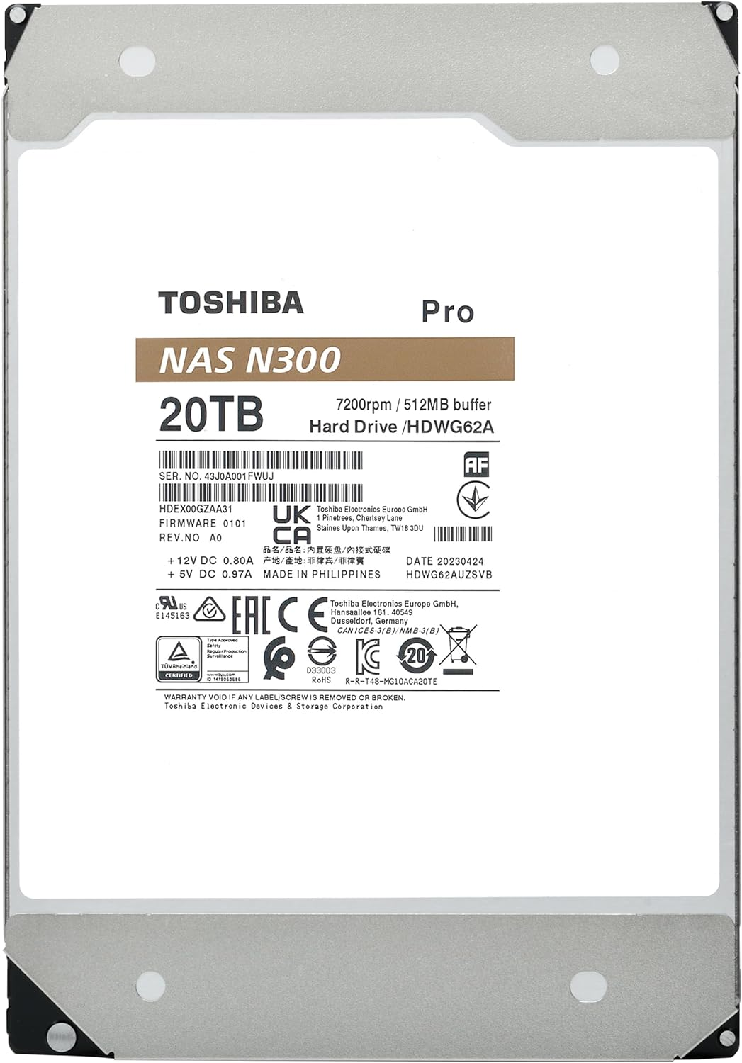 Toshiba N300 PRO 20TB Large-Sized Business NAS (Up to 24 Bays) 3.5-Inch Internal Hard Drive - up to 300 Tb/Year Workload Rate CMR SATA 6 Gb/S 7200 RPM 512 MB Cache - HDWG62AXZSTB image number 5
