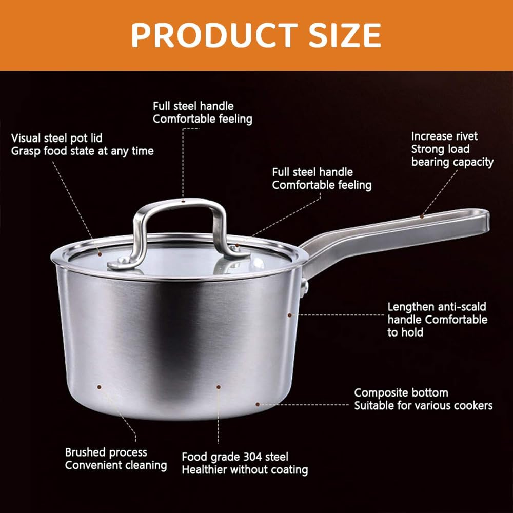 2.5L Stainless Steel Saucepan with Glass Lid and Dual Spouts, Multipurpose Sauce Pot with Stay-Cool Handle, for Boiling, Gravies, Pasta, and Noodles image number 6