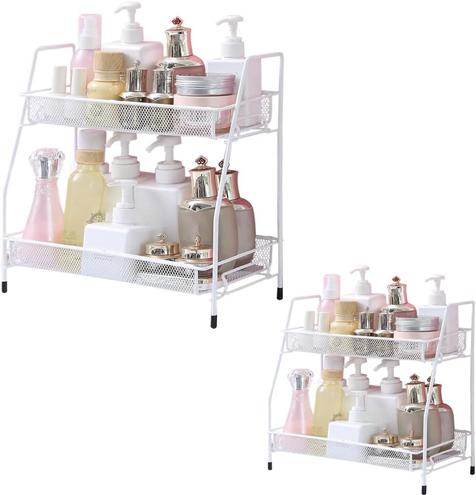 2 Pack 2-Tier Bathroom Organizer, Countertop Organizer, Kitchen Organizer, Metal Makeup Rack, Small Perfume Dressing Table Organizer for Sink/Bedroom/Living Room/Kitchen/Office (White) image number 4