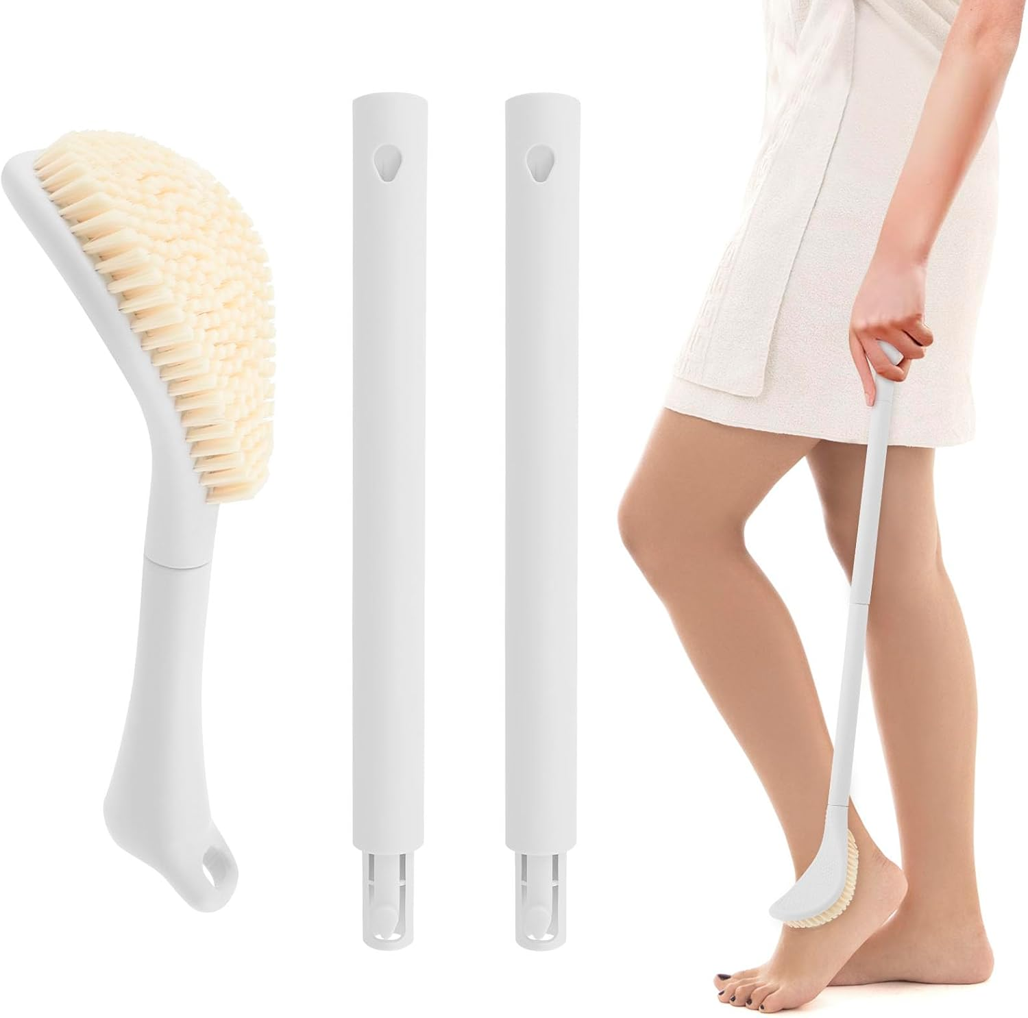 Awobepl Foot Brush with Adjustable Long Handle Enduring Foot Scrubber Easy to Clean Leg Scrub Brush for Senior Pregnant Disabled (Pink)