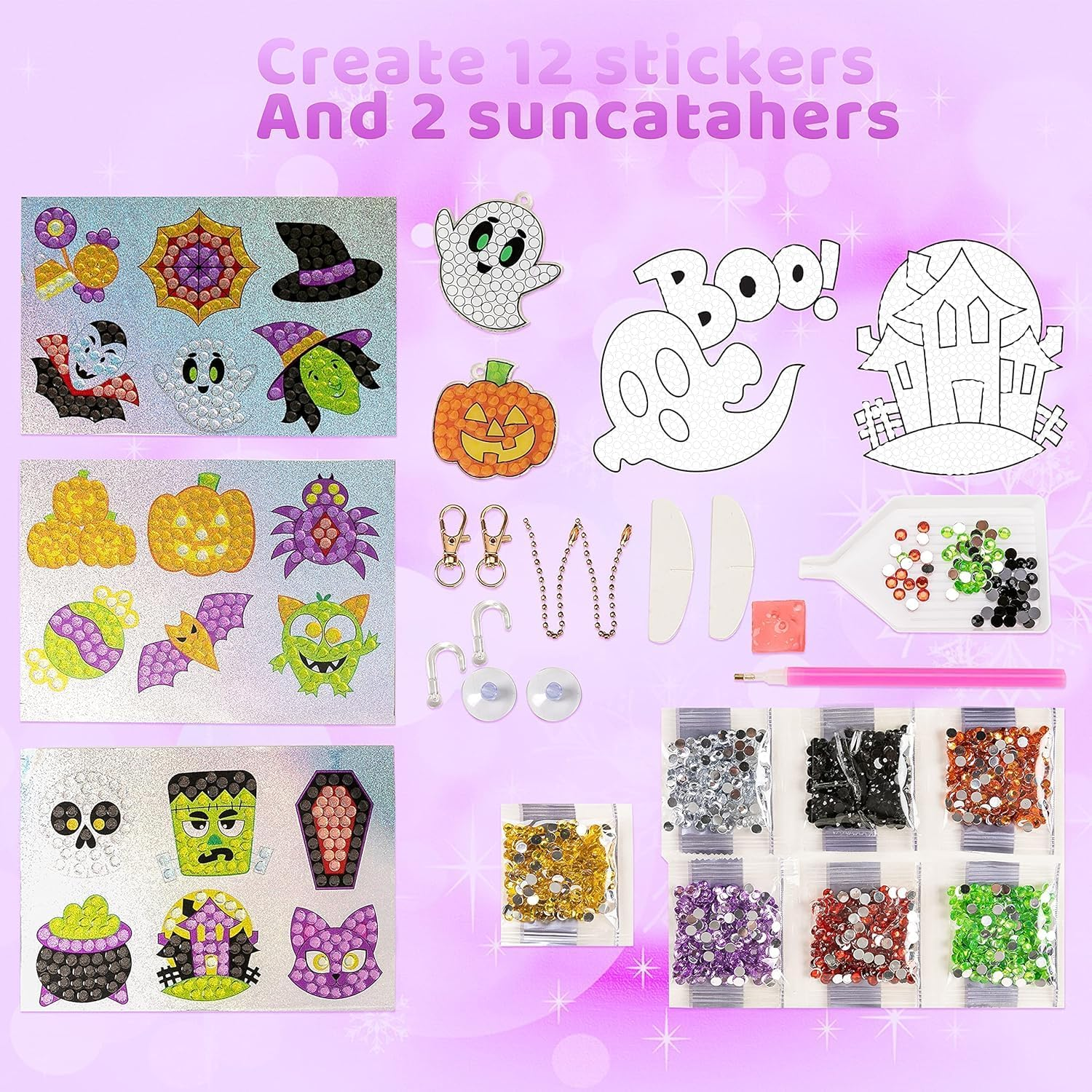 Klever Kits Halloween Gem Art Kit, Kids Halloween Crafts Party Supplies, Diamond Painting Kit with Stickers, Suncatchers, and Keychains, Party Favor DIY Activities School Game Goodies Gift image number 3