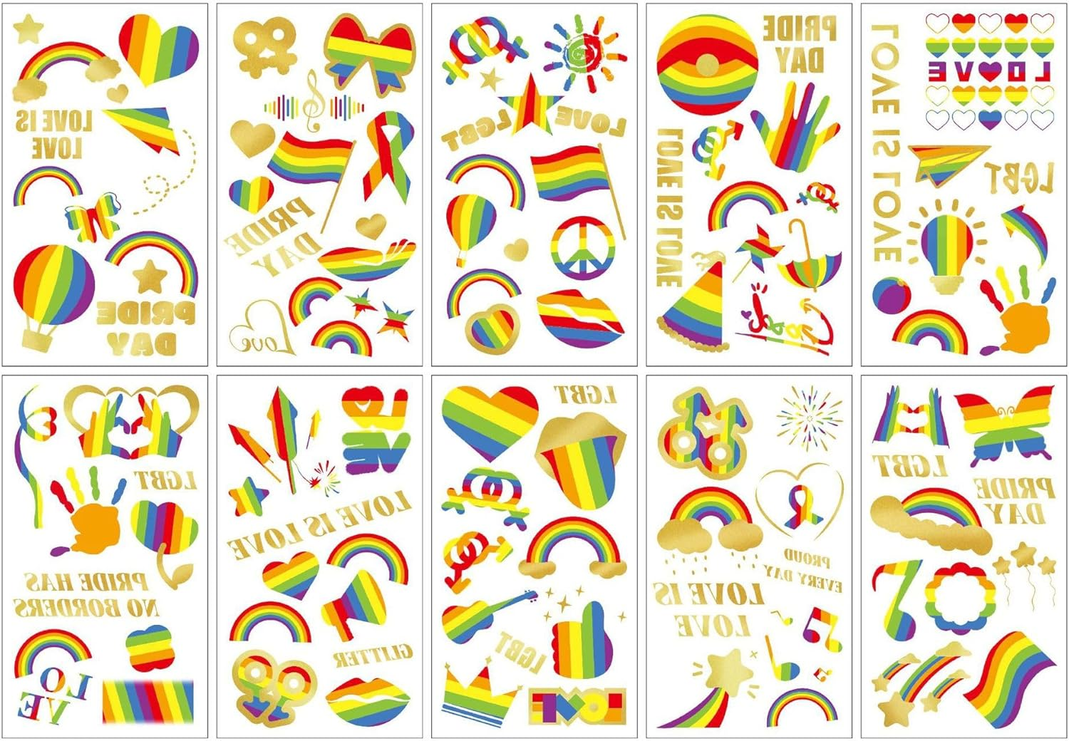 Rainbow Pride Festival Temporary Tattoo Stickers, 10 Sheets Metallic Rainbow Love Design for Celebrations and Events image number 2