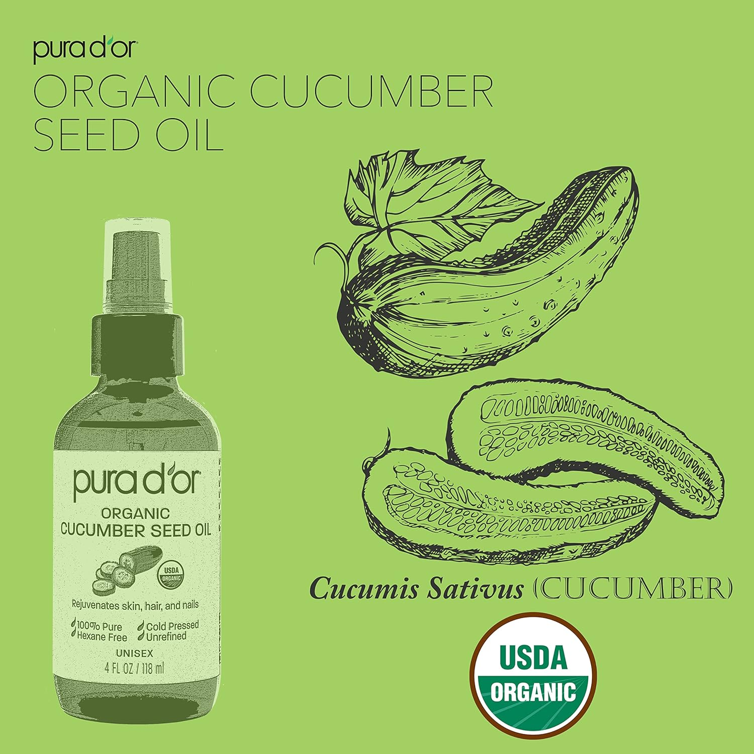 PURA D'OR 4 Oz Organic Cucumber Seed Oil100% Pure USDA Certified Premium Grade All Natural Moisturizer, Cold Pressed, Unrefined, Hexane-Free Base Carrier Oil for DIY Skin Care for Men & Women image number 3