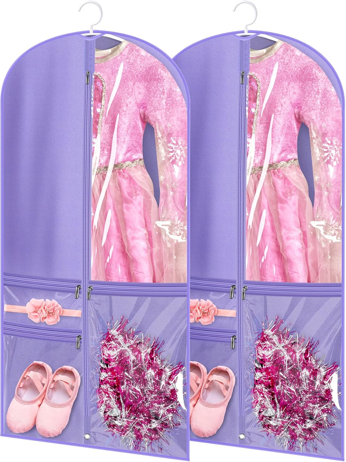 Kimbora Costume Dance Garment Bag with 3 Clear Zipper Pockets for Suits Dress Cover, Travel & Competitions Protector, Set of 2