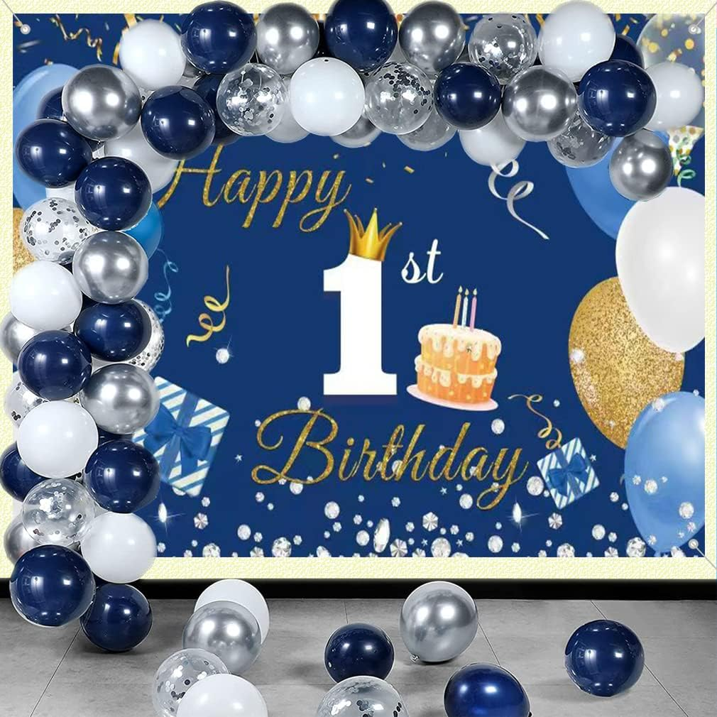 1St Birthday Decorations Happy 1St Birthday Backdrop Party Banner for Boys/Girls Happy 1 Year Old Fabric Sign Poster, Blue Photography Background First Birthday Party Supplies, 59"X35.4"
