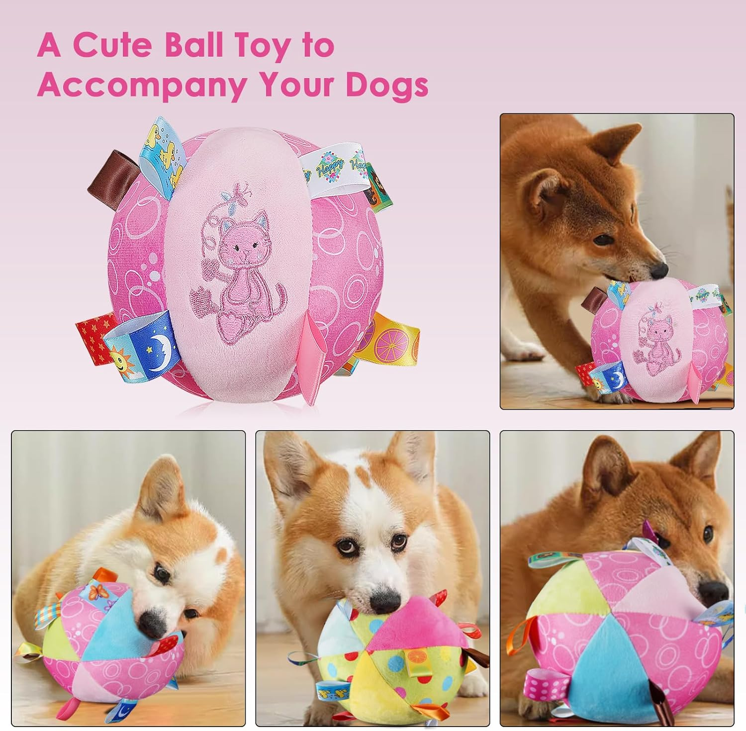 Dog Squeaky Plush Toy with Straps, 6-Inch Soft Stuffed Ball with Cotton Material and Bell Built-In, Pet Interactive Fetch Toy for Small to Large Dog image number 2