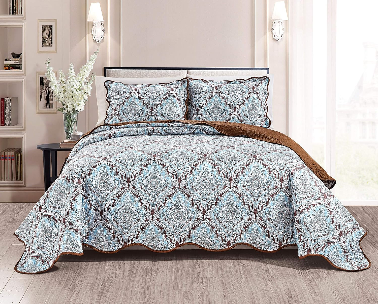 Grand Linen 3-Piece California Cal King Size Wave Edged Oversized Quilt Set 118" X 95" All-Season Large Bedspread Pillow Shams Lightweight Soft Coverlet Pink Blue Green Orange Colors Floral Pattern