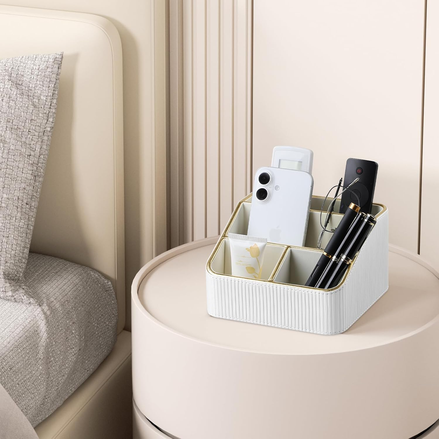 Cretkhp Remote Control Holder with 4 Compartments, PU Leather Small Nightstand Organizer for Home Desk Accessories Office Supplies, Multifunctional Stylish Small Bedside Desktop Organizers (White) - White image number 2