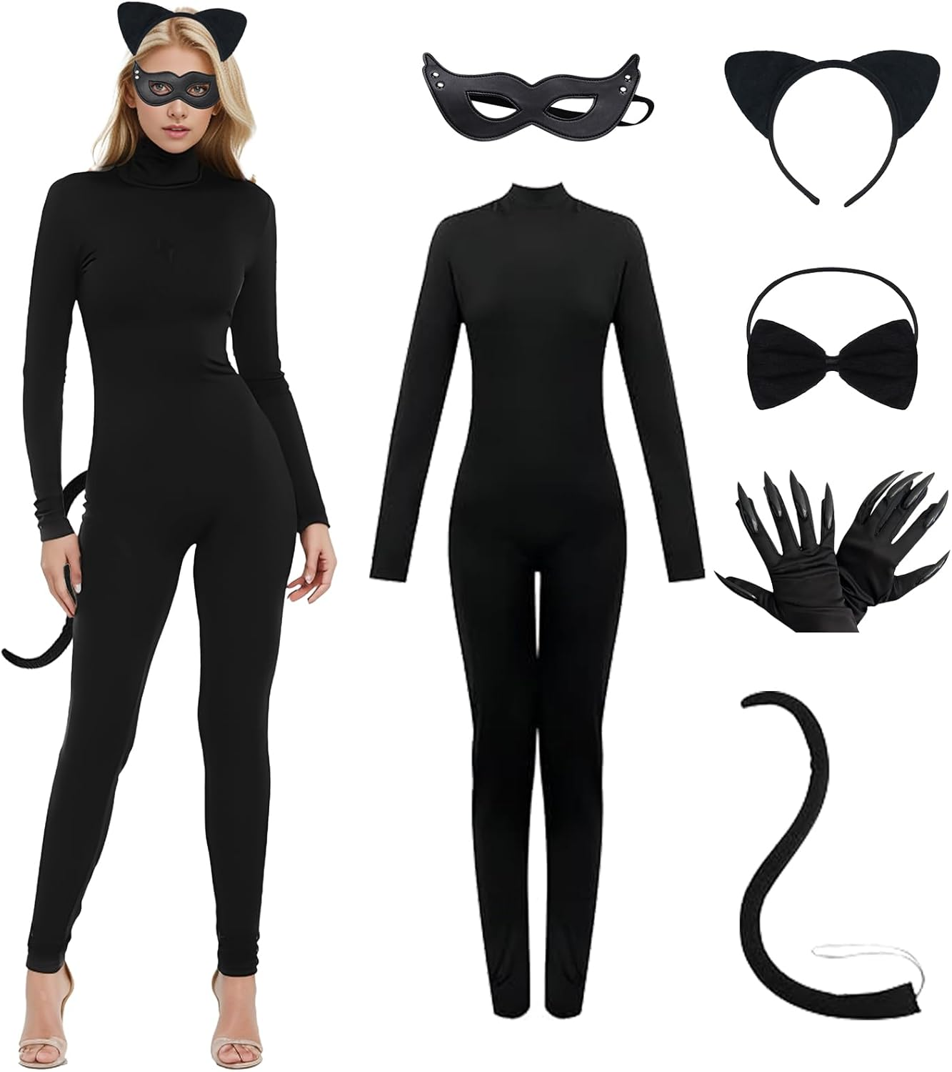 Joyesplay Catwoman Costume for Women,Black Catsuit Jumpsuit,6Pc Catwoman Halloween Costume Set with Black Mask,Headband,Bow Tie,Tail,Gloves, Anime Cosplay Accessories image number 2