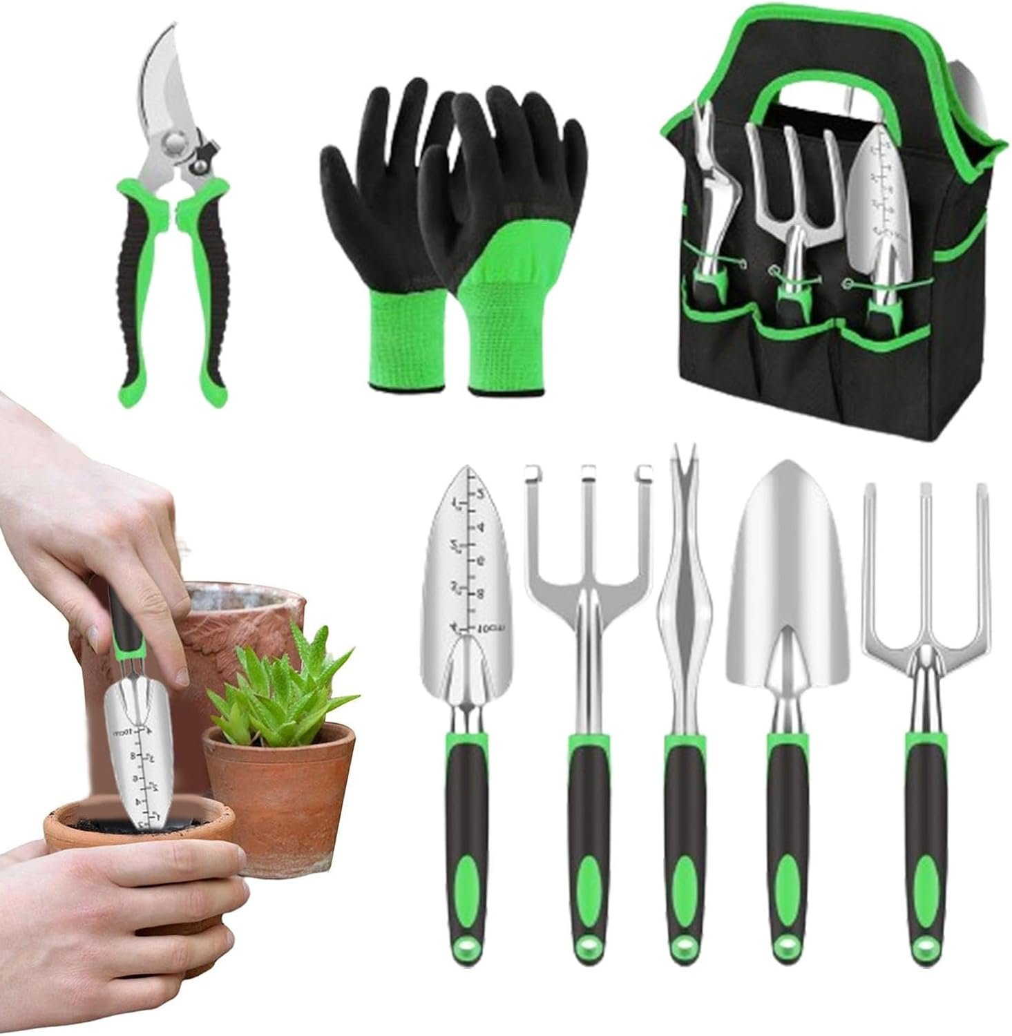 Garden Tools with Bag | Portable Gardening Supplies Hand Tools for Outdoor | 18X Hand Pruning Tools with Storage Bag, Garden Tools with Rubber Handle for Gardening image number 1