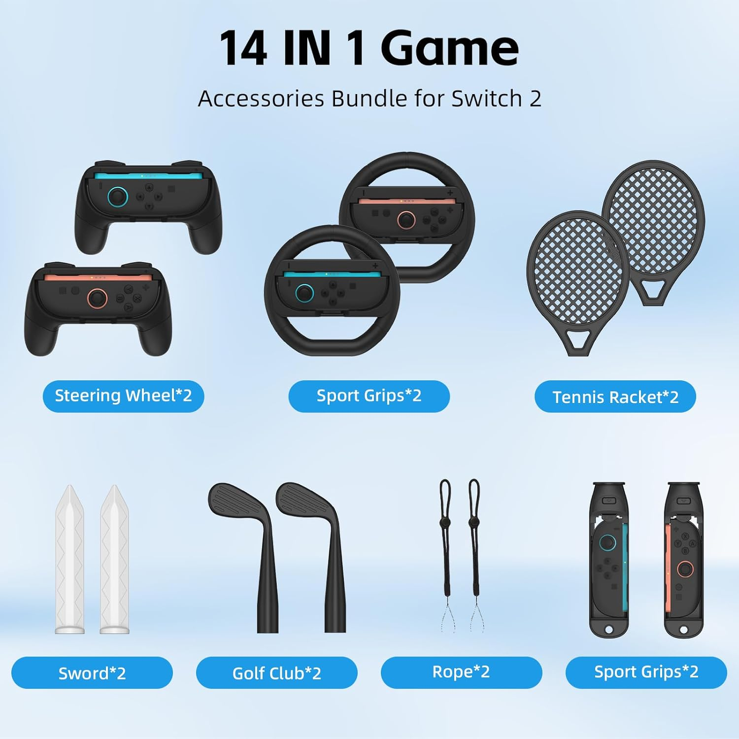 Switch 2 Sports Accessories Bundle, 14-In-1 Switch Sports Accessories Bundle for Switch 2 Joy-Con with Tennis, Golf, Steering Wheel, Sword- Motion Control Game Kit for Switch Sports & Fitness Games image number 4
