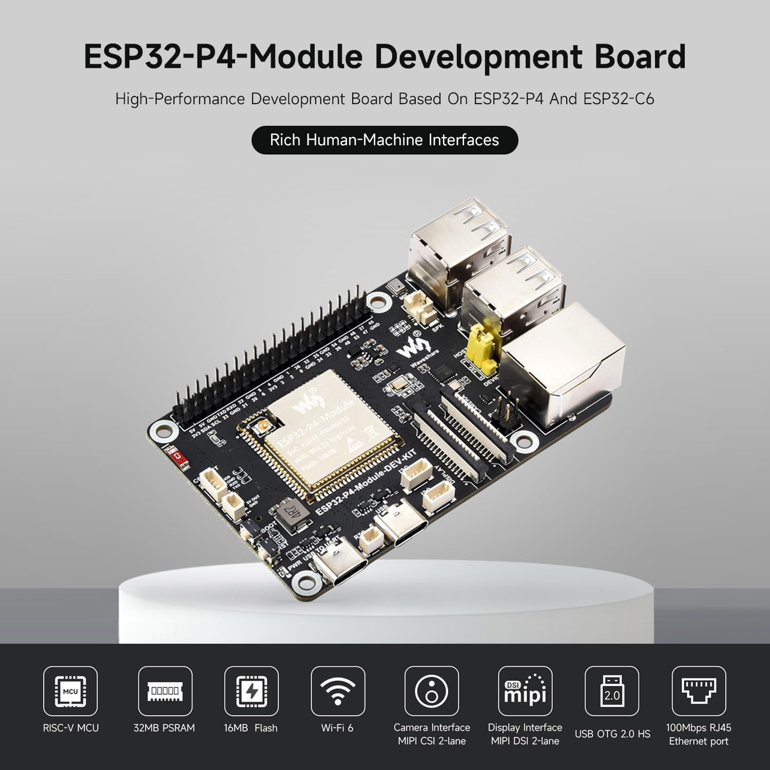 Waveshare Esp32-P4-Module-Dev-Kit-A, Esp32-P4-Module High-Performance Development Board, Based on ESP32-P4 & ESP32-C6, Supports Wi-F 6 & BT 5/BLE, with Speaker & Rpi Camera (B) image number 2