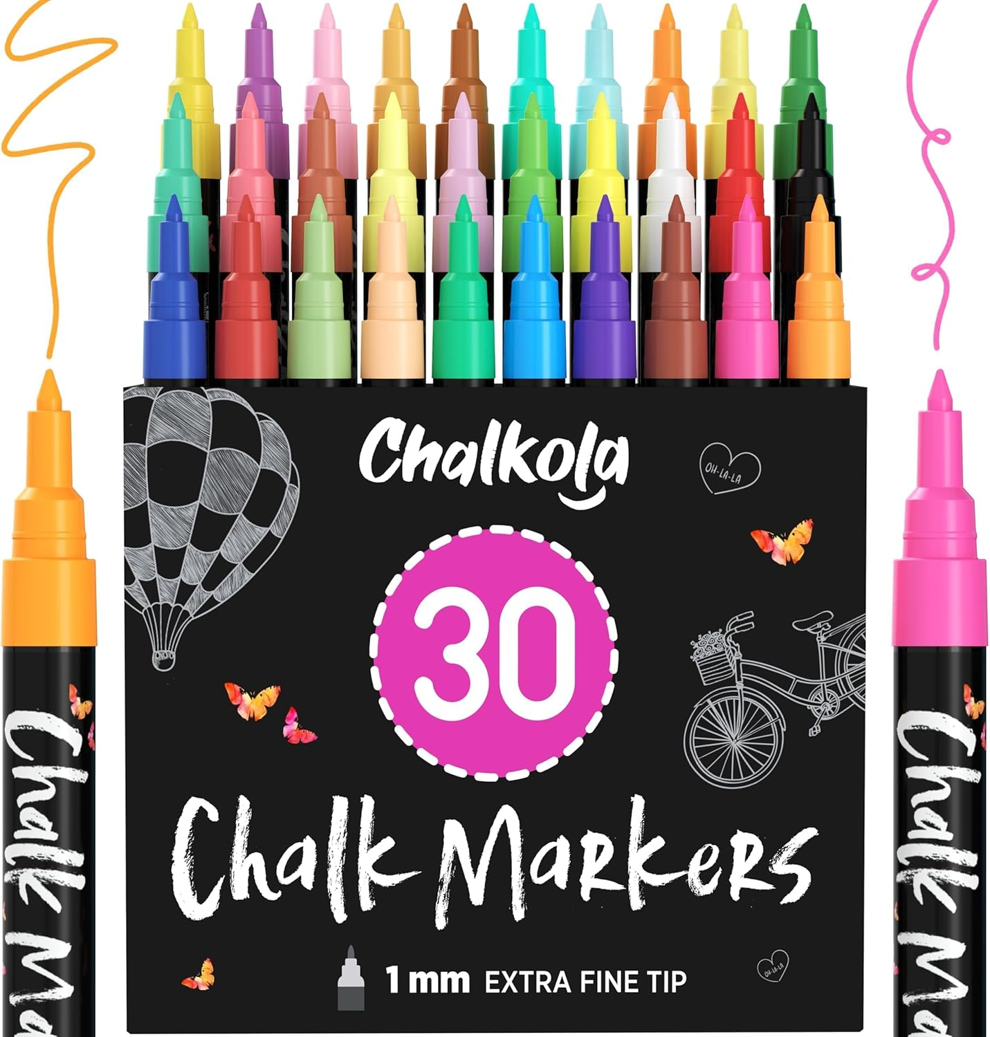Chalkola Extra Fine Tip Liquid Chalk Markers (30 Pack 1Mm) Pastel + Neon Chalk Pens - Erasable Dry Erase Marker for Chalkboard, Blackboards, Window, Bistro, Car - Fine Tip Chalk Markers for Blackboard
