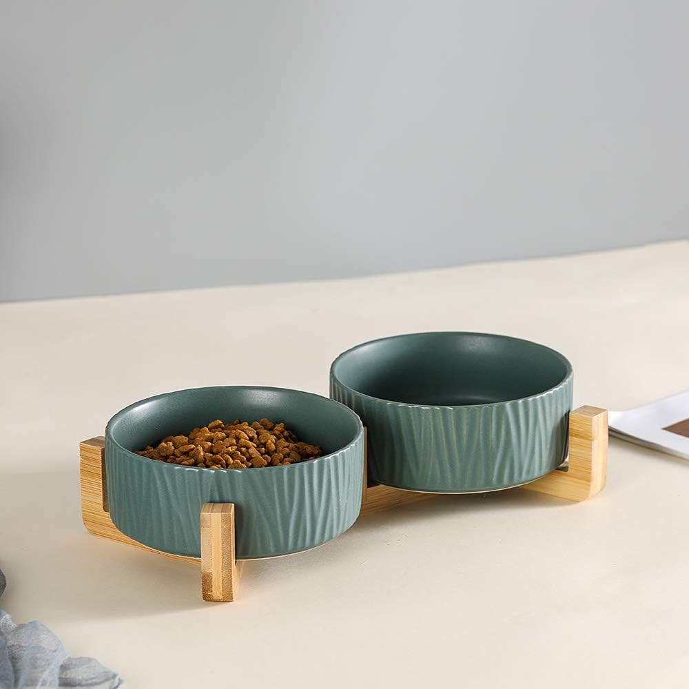 Green Ceramic Cat Dog Bowl Dish with Wood Stand No Spill Pet Food Water Feeder Cats Dogs Set of 2 image number 5