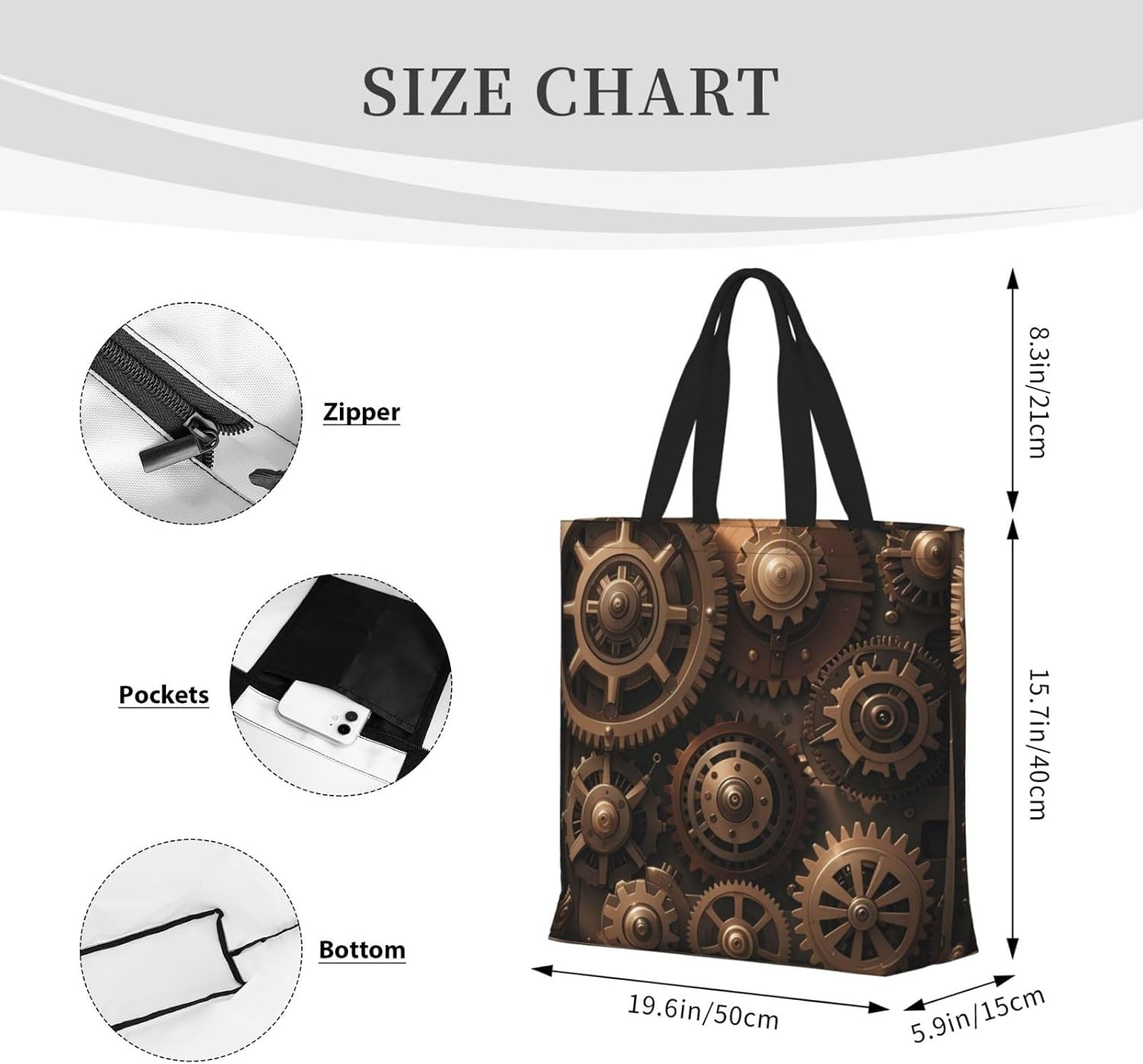 STVYUKL Steampunk Mechanical Gears Tote Bag for Women Casual Portable Shopping Handbags with Zipper Inner Pocket Reusable Waterproof Beach Grocery Bag for Shopping Travel Work, Black, One Size image number 1