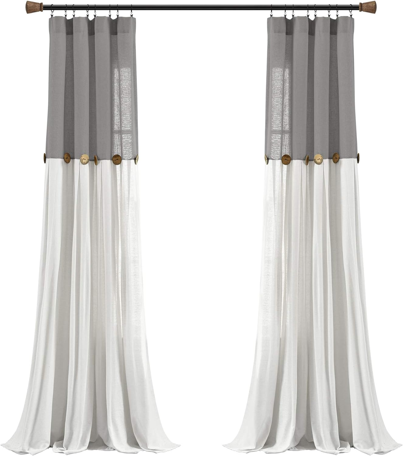 Lush Decor Linen Button Window Curtain Panel, Single, 40" W X 95" L, Dark Gray & White - Country Curtains - Rustic Decor - Color Block Modern Farmhouse Curtains for Living Room, Bedroom & Dining Room