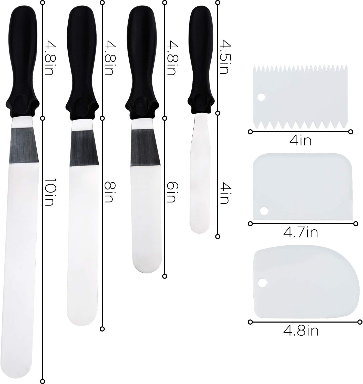 LUTER 4 Packs Stainless Steel Cake Icing Spatulas (4&rdquo;, 6&rdquo;, 8&rdquo;, 10&rdquo;) with 3Pcs Cake Smoother Scrapers Cake Spatula Set for Baking, Cake Making Supplies image number 2