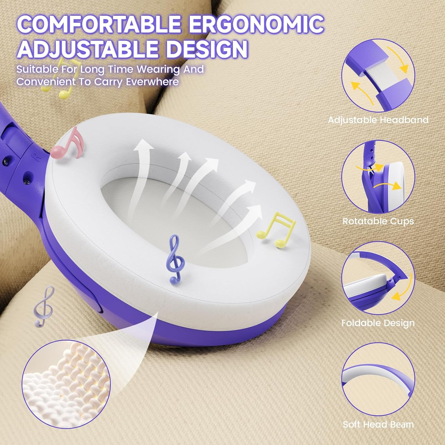 Lexonelec X Attack Shark G300 Wireless Active Noise Cancelling Headset, Bluetooth 5.3 Deep Bass HD Stereo Sound over Ear, 20H Playtime, Built-In Mic Lightweight Design 3.5Mm Gaming Headset(Purple) image number 5