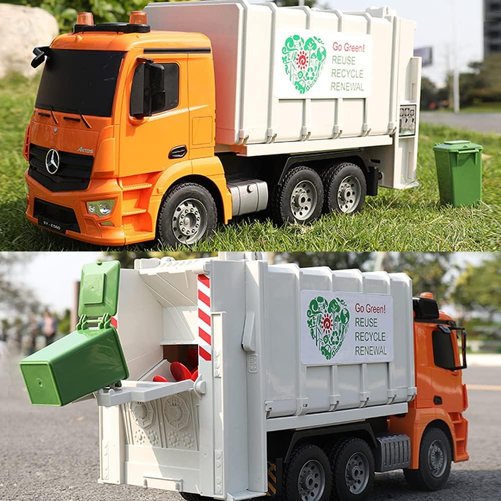 DOUBLE E Remote Control Garbage Truck 8 Channel Electric Stirring with Trash Bin Sounds Lights 2.4Ghz Sanitation Vehicles Toy image number 3