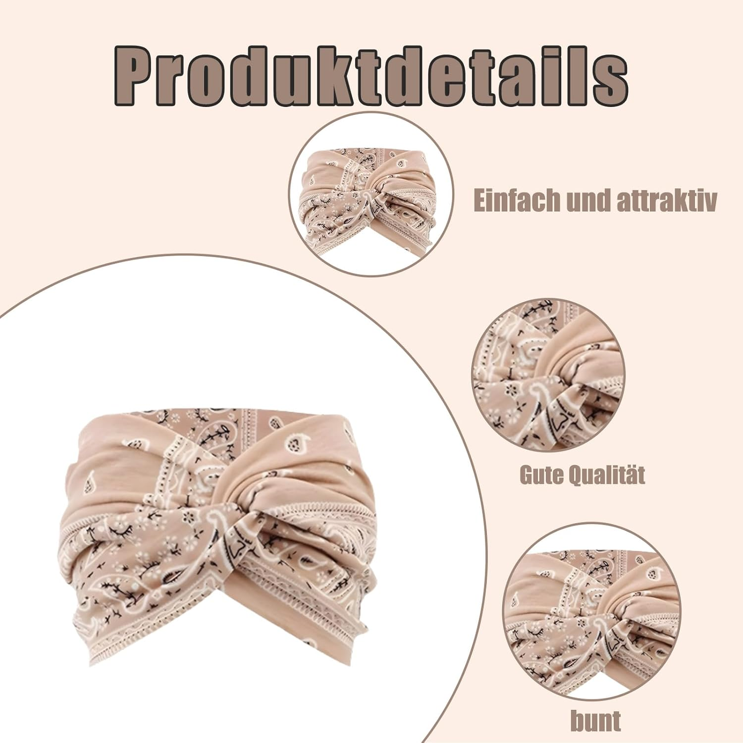 Women'S Hair Bands, Pack of 4, Boho Hair Bands, 22 X 10 Cm, Cotton, Soft Headscarves for Yoga, Sports and Summer (Grey, Brown, Beige, Green) image number 3