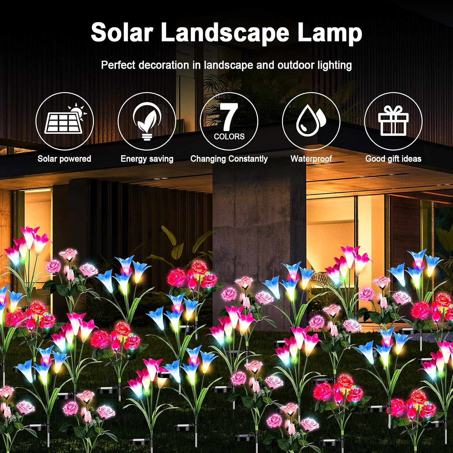 Outdoor Solar Garden Stake Lights, Solar Powered Light with 5 Rose and 4 Lily Flower, Solar Pathway Lights for Outdoor, Decorative, Party, Festival, Christmas, Patio Courtyard Lawn (4 Pack)