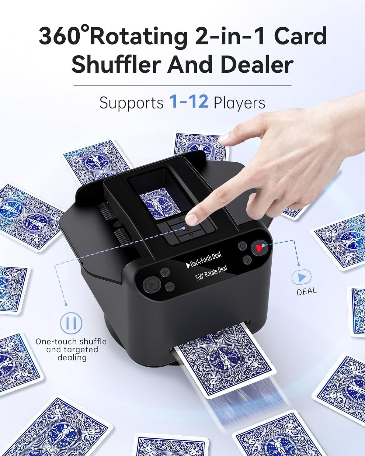 2 in 1 Automatic Card Shuffler and Dealer - 1-2 Decks Support 12 Players, with 4 Drawing Remotes, Built-In Gameplays, 360&deg;/180&deg; Deal, for Poker, UNO, Phase 10, Skip-Bo, Rummy (Black)