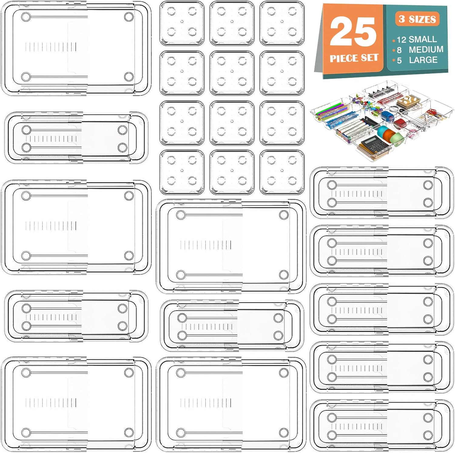 25 Pcs Adjustable Clear Plastic Drawer Organiser Set, 4 Sizes Desk Drawer Divider Organizers and Storage Bins for Makeup, Jewelry, Gadgets for Kitchen, Bedroom, Bathroom, Office image number 6