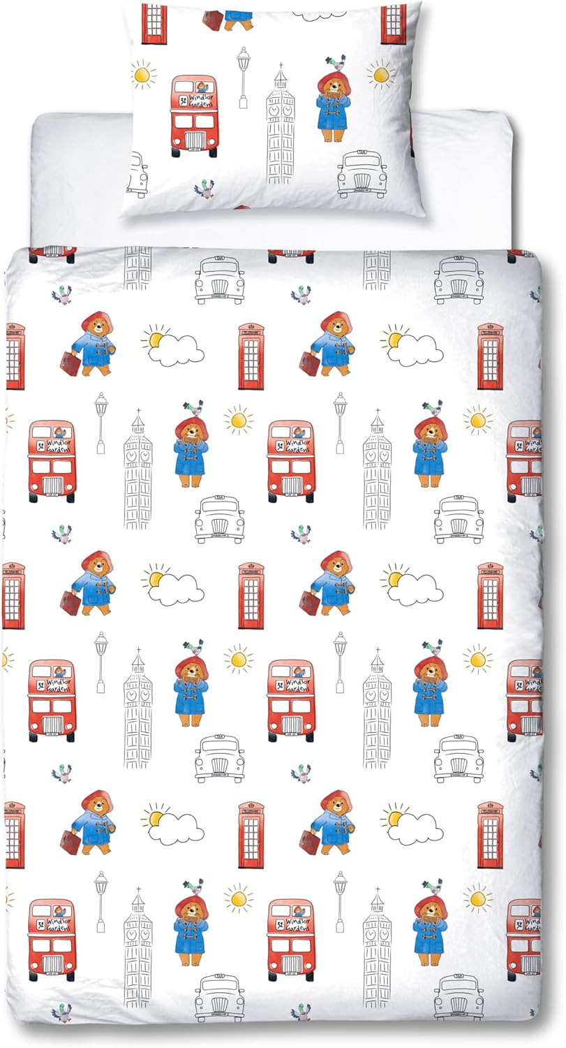 Character World Official Paddington Bear&trade; Single Duvet Cover Set | 2 Sided Reversible Station Design | Matching Pillowcase | Single Bed Set | White and Blue, Polycotton