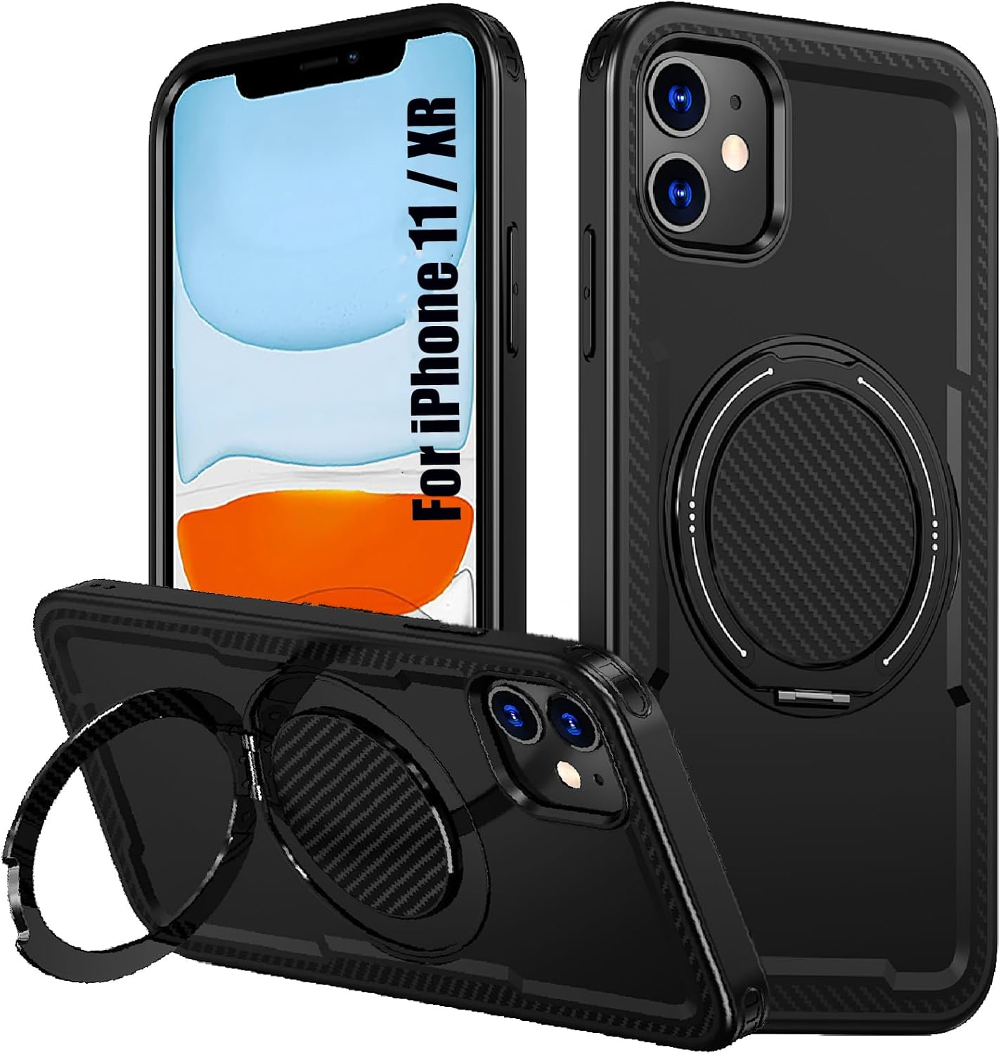 Lumobrilla for Iphone 11 Case,Iphone XR Case [360&deg; Rotate Ring Stand][Compatible with Magsafe] Military-Grade Protection Anti-Fingerprint Anti-Scratch Phone Case for Iphone 11/Iphone Xr,Black image number 6