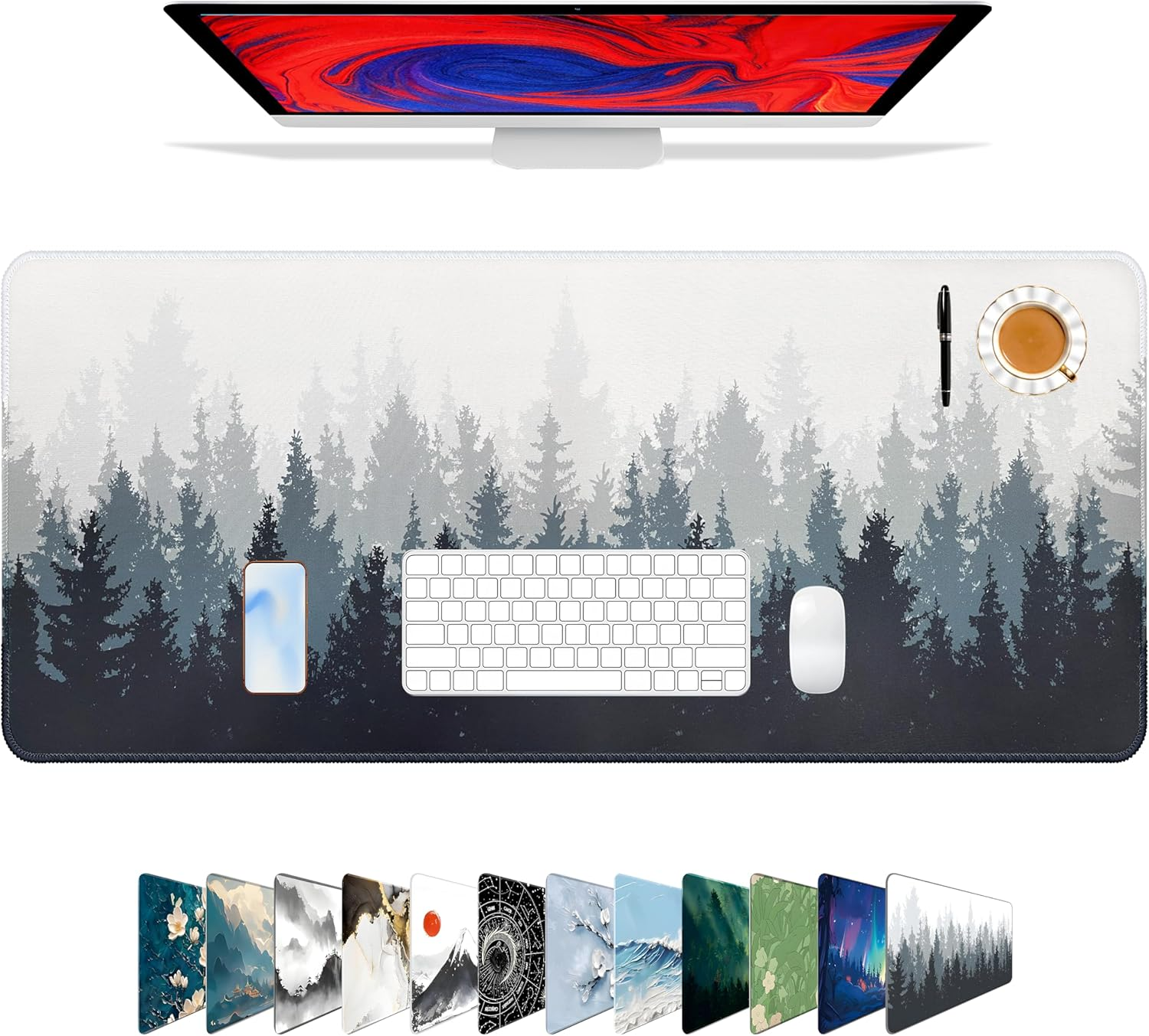 Galdas Gaming Mouse Pad Forest Background Pattern XXL XL Large Mouse Pad Mat Long Extended Mousepad Desk Pad Non-Slip Rubber Mice Pads Stitched Edges Thin Pad (31.5X11.8X0.08 Inch)-Tree - Floral image number 4