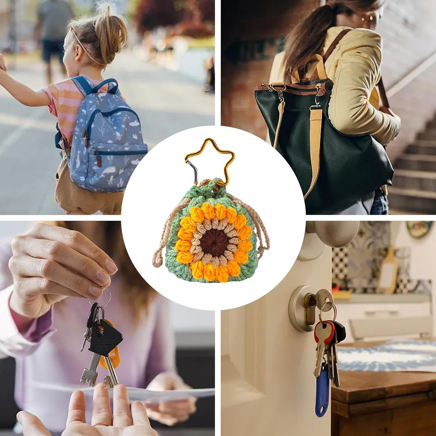 Keychain Coin Purse &ndash; Crochet Sunflower Key Charm, Drawstring Pouch Holder | Cute Coin Purse for Girls Men Teens, Mini Storage for Cards Keys, Backpack Handbag Accessory School Gift image number 5