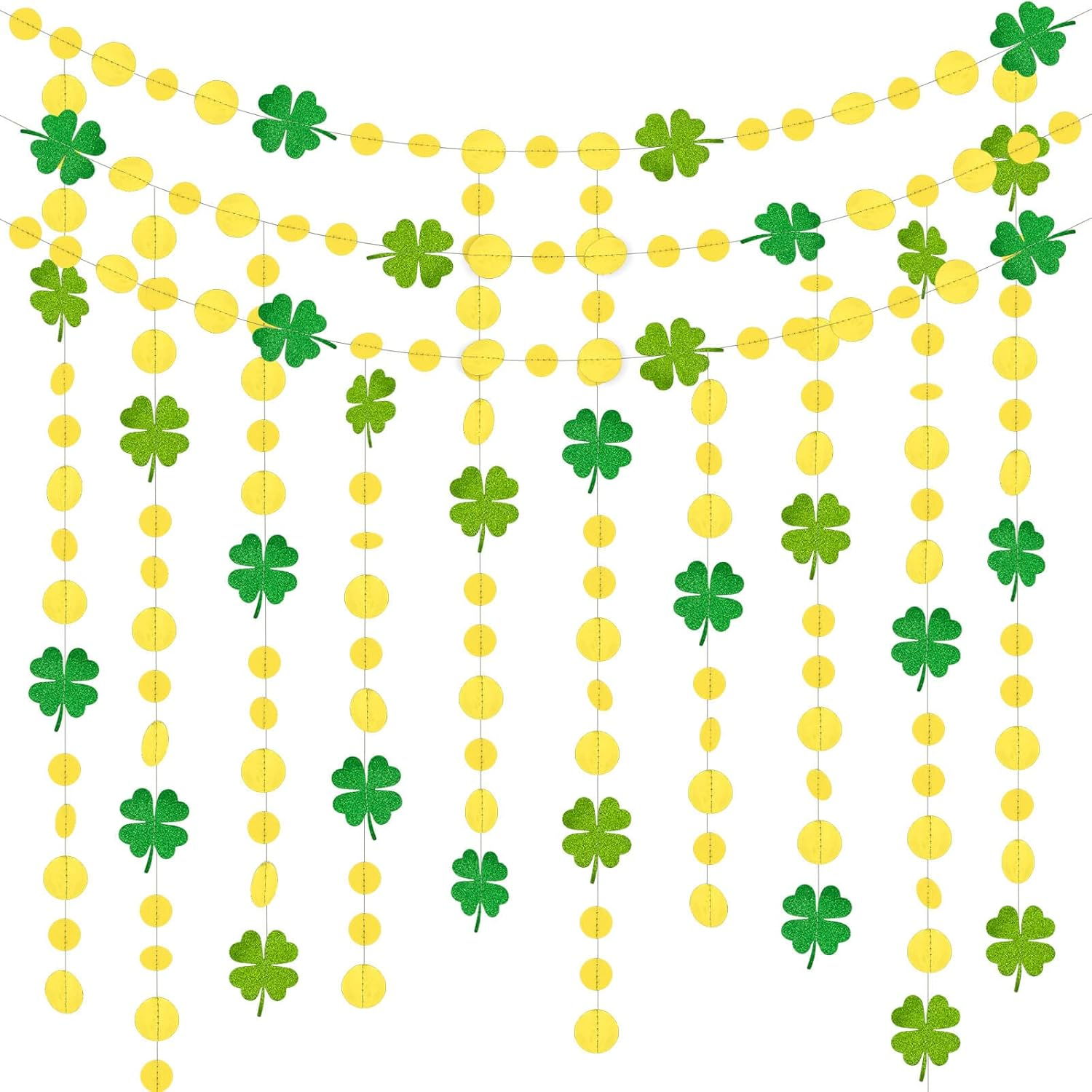 SONGTIY Glitter Green Clover Garland with Gold Circle Dots, Irish St. Patrick'S Day Shamrock Banner, Streamer Backdrop Hanging Decorations, for Spring Baby Shower Birthday Party Decor,