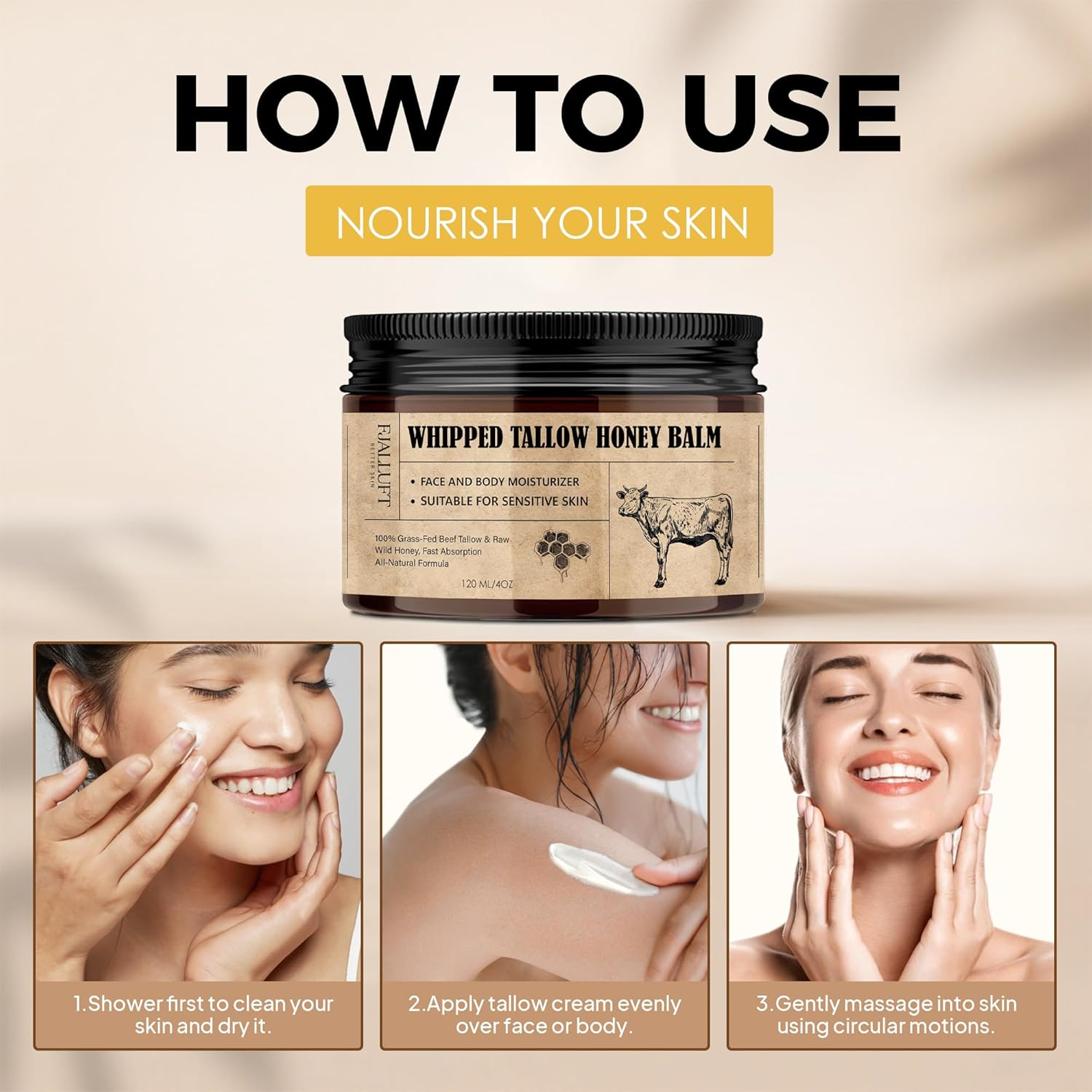 Beef Tallow and Honey Blam Moisturiser: Whipped Grass Fed Beef Tallow Balm with Raw Honey and Olive Oil for Skin and Face &ndash; Natural Cow Fat Facial Cream for Anti-Aging Unscented image number 6