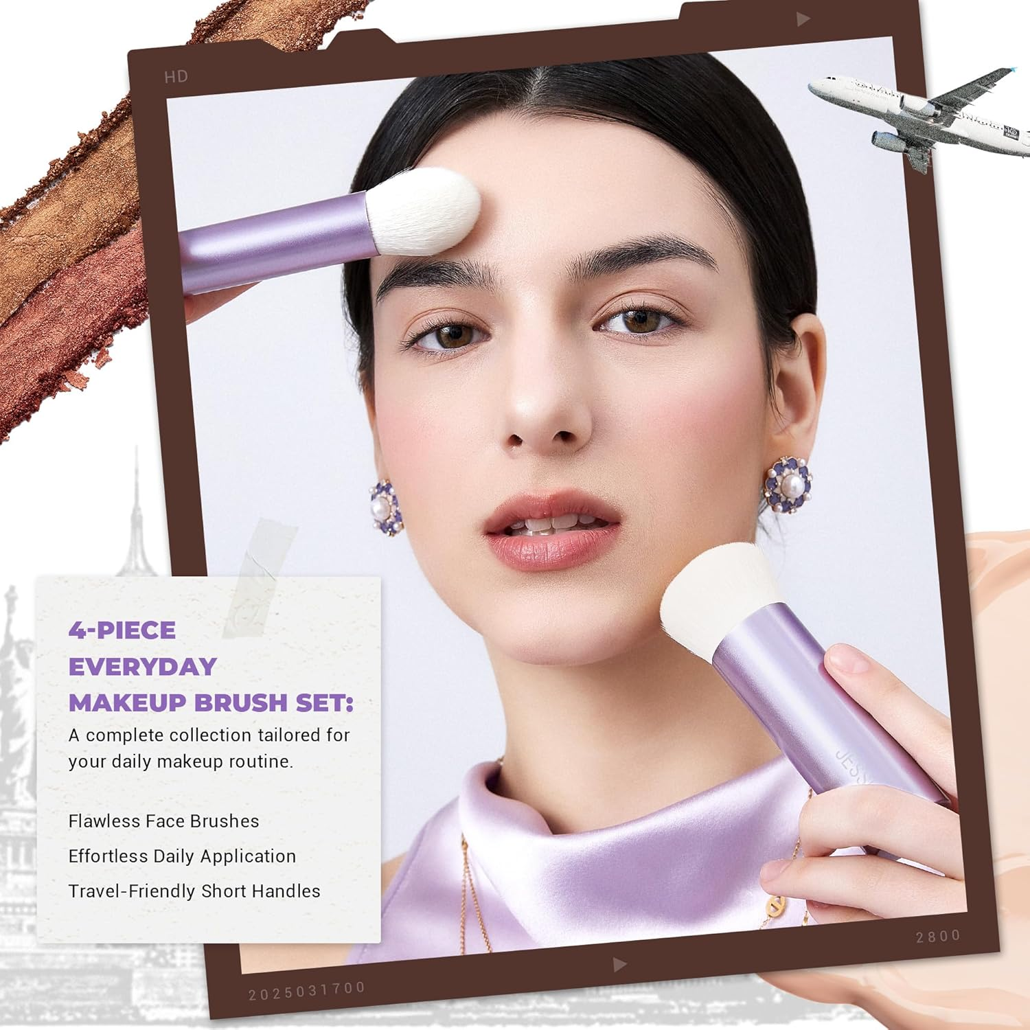 Jessup Makeup Brushes Set 4Pcs Face Kabuki Brush for Foundation Contour Powder Blush Bronzer and Highlighter, Premium Synthetic Fiber Cruelty-Free, Luxury Purple T517 image number 4