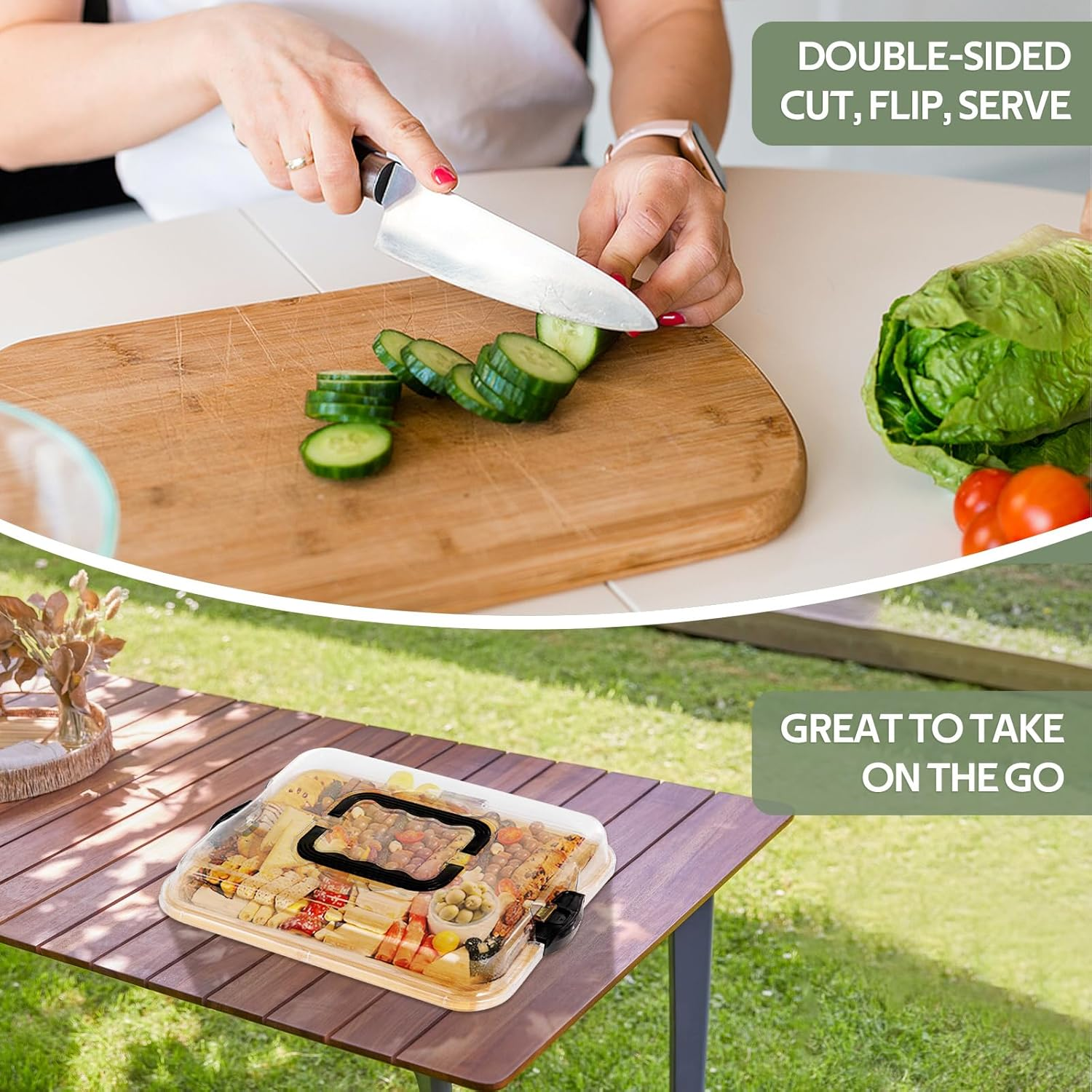 Premium Charcuterie Board with Locking Lid & Handle, Bamboo Cheese Board Platter for Appetizers & Snacks, Travel Portable Serving Tray for Kitchen,Parties,House Warming Gifts New Home,Gifts for Women image number 2