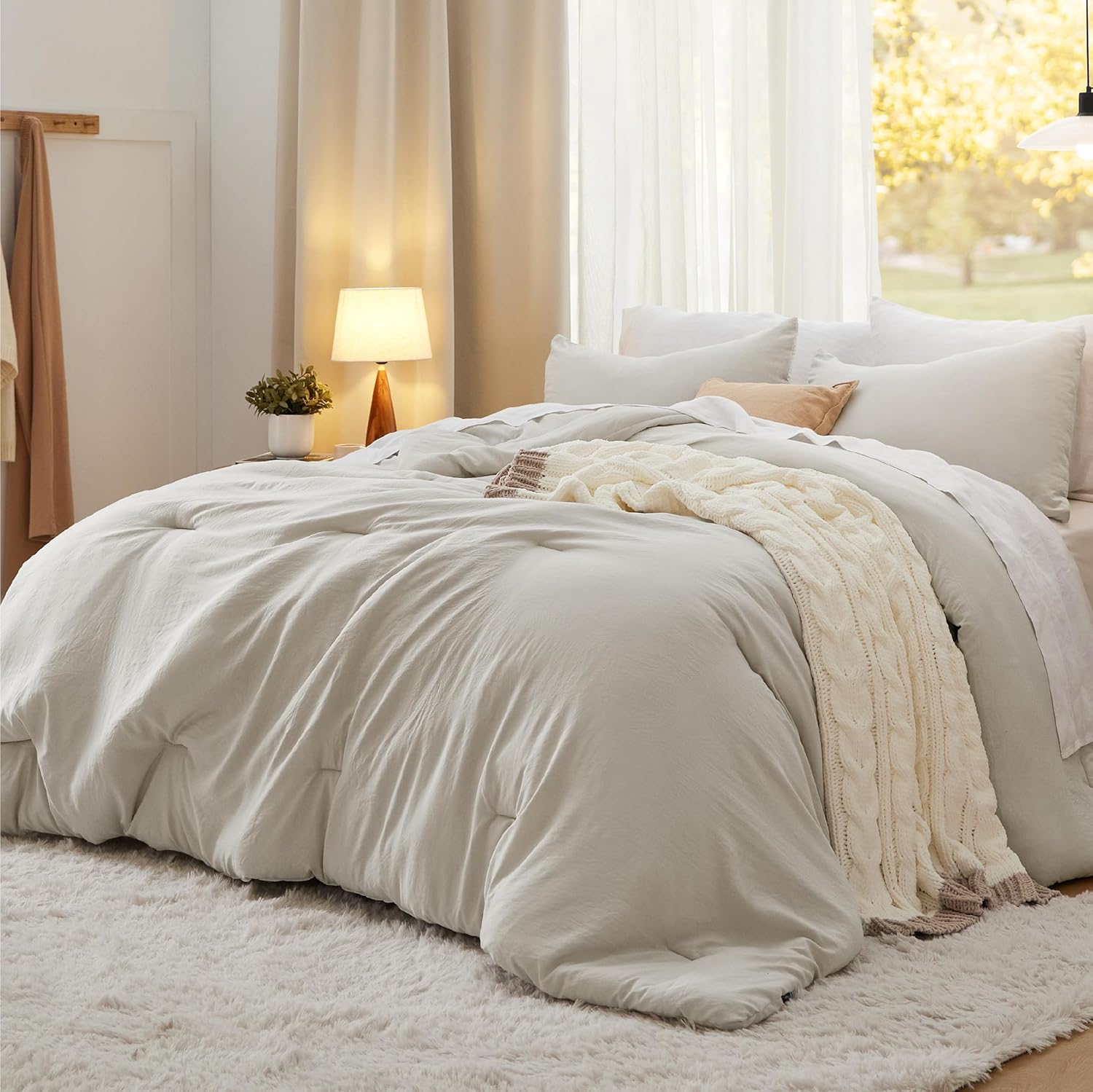 Bedsure King Size Comforter Set, Beige Soft Prewashed Bed Comforter for All Seasons, 3 Pieces Warm Bedding Sets, 1 Lightweight Comforter (104"X90") and 2 Pillowcases (20"X36") image number 1