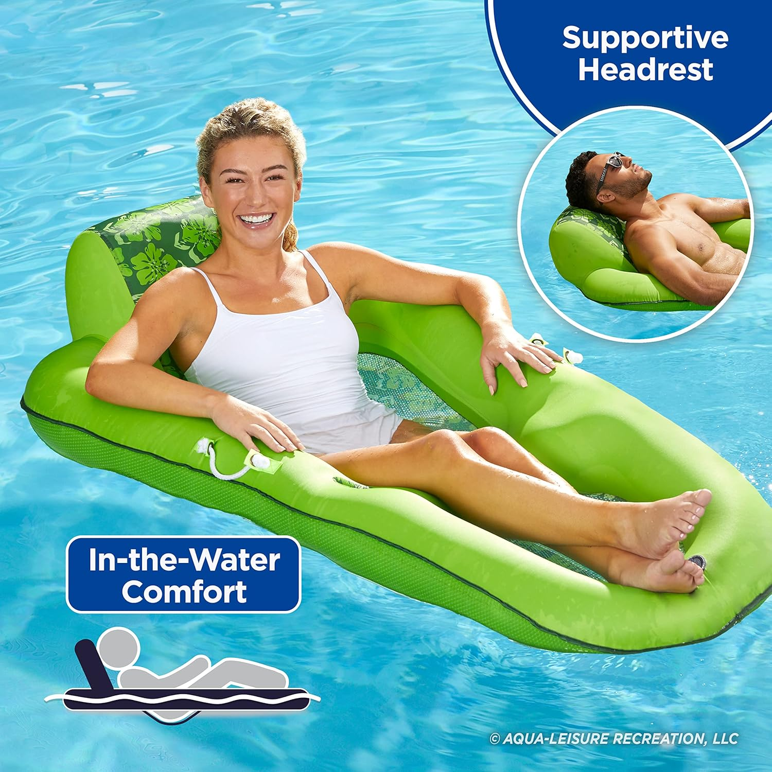 Aqua Leisure Luxury Water Lounge, X-Large, Inflatable Pool Float with Headrest, Backrest & Footrest, Lime Floral Trip Print, (L X W): 63 X 36 image number 3