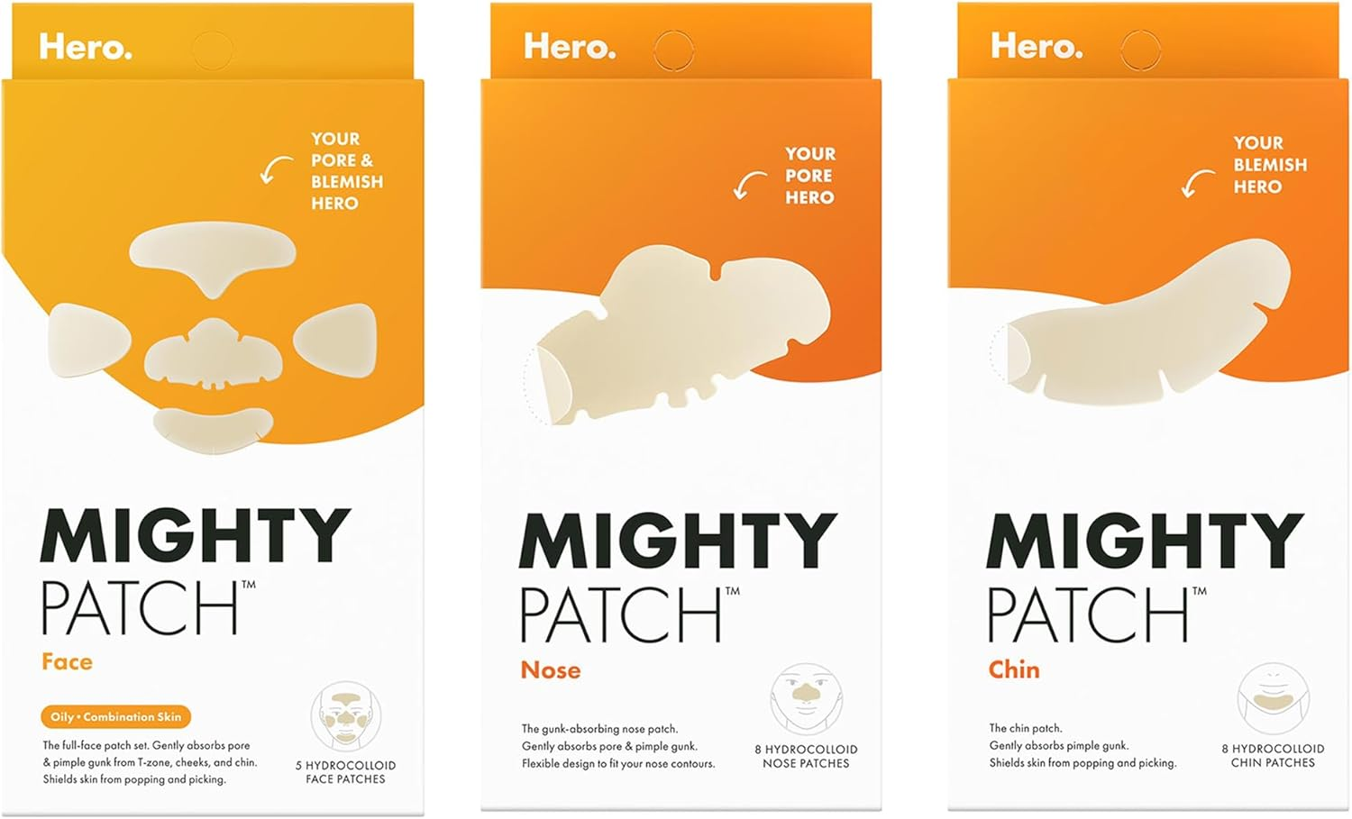 Hero Gotcha Mighty Patch Face, Chin & Nose Bundle - Hydrocolloid Pimple Patches - Strong Adhesion - Absorbs Gunk - Shields Skin - Easy Application - Great for Full-Face Acne Breakouts image number 4