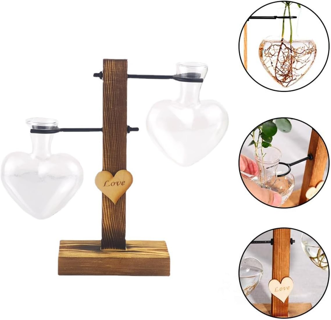 Plant Terrarium with Wooden Stand, Creative Double Heart Glass Hydroponic Vases, Modern Plant Propagation Station Desktop Planter Bulb Vase for Home Garden Office Decoration image number 3