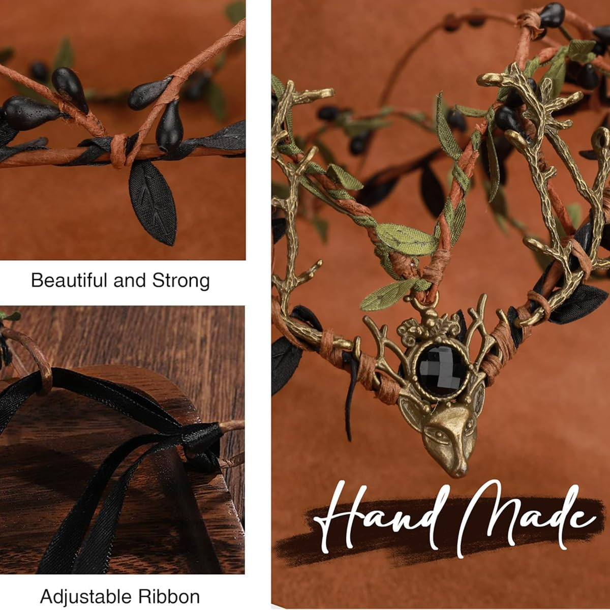 AIMALL Green Leaf Wreath Crown Hair Band with Adjustable Ribbon - Elven Fairy Bride Bridesmaid Headwear for Wedding, Photo Props, and Fantasy-Themed Events image number 3