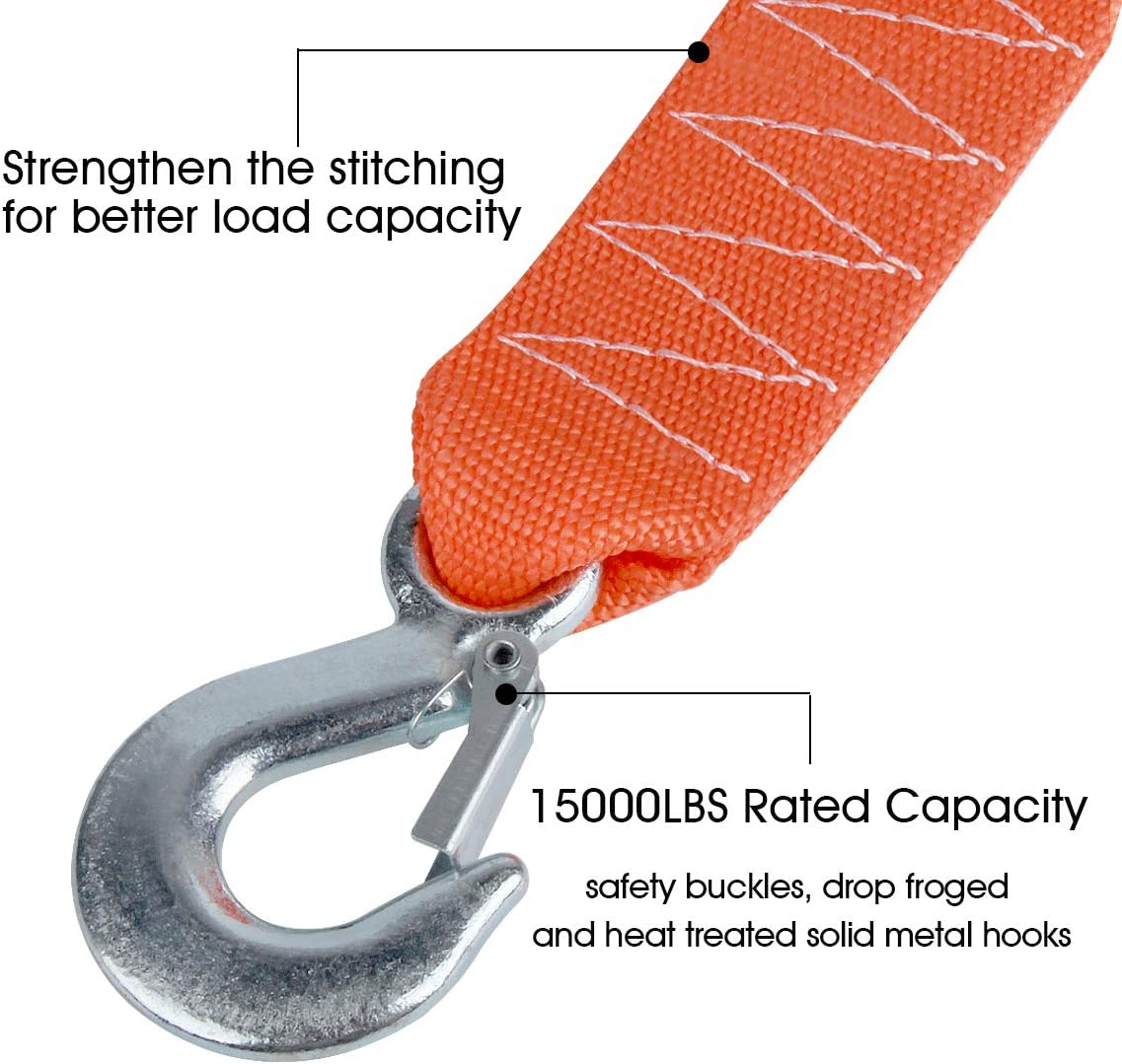 Tow Strap Heavy Duty with Hooks 2" X20' 15,000LB Recovery Strap 6,8 Tons Towing Strap with Safety Hooks Polyester image number 3