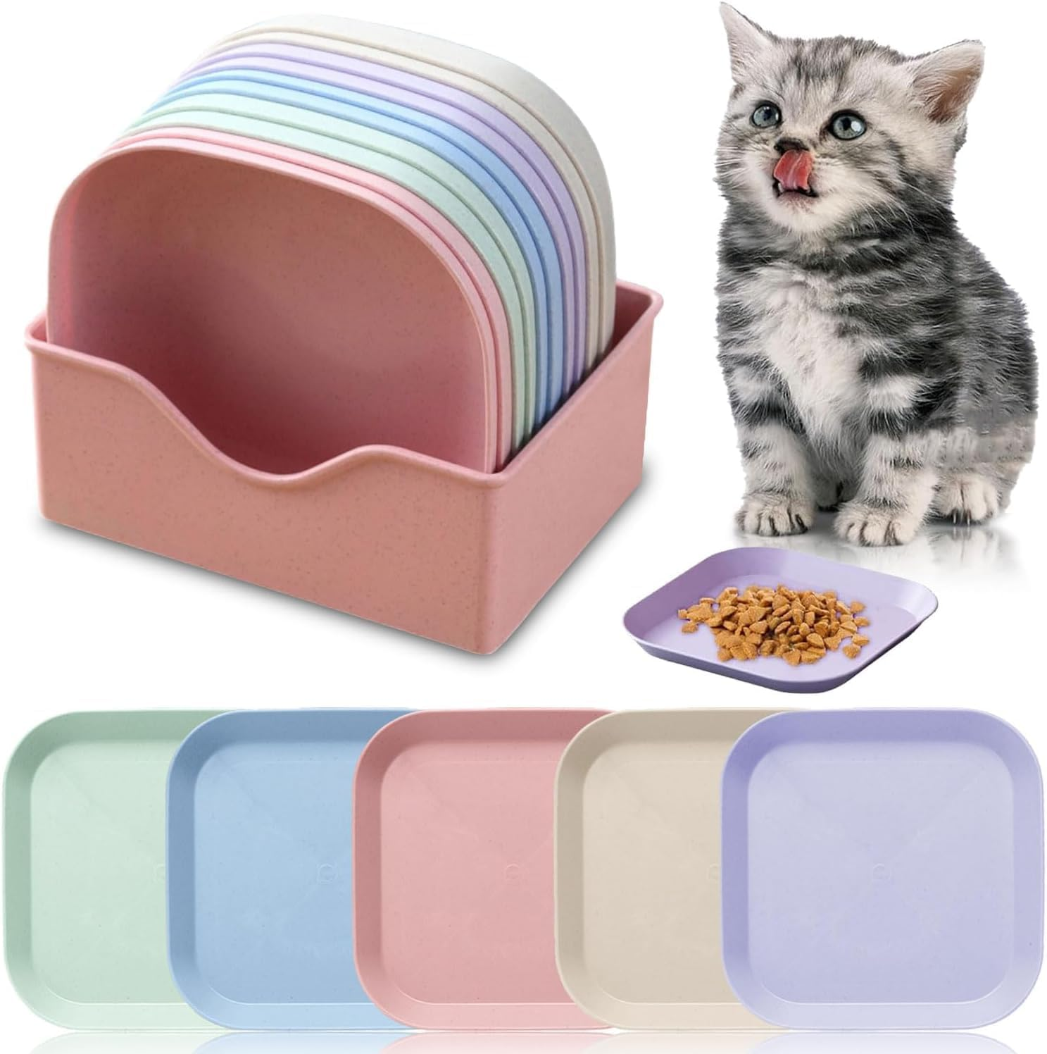 Pack of 10 Flat Cat Bowls, round Cat Plates, Colourful Cat Food Bowl Set, Cat Plate for Kittens and Short-Legged Cats