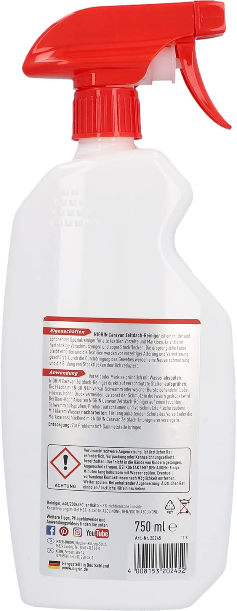 NIGRIN CARAVAN Tent Roof Cleaner for Awnings and Textile Awnings, Cleans Gently and Thoroughly, Removes Stubborn Stains, Reduces New Soiling, Refreshes Colour, 0.75 L image number 4
