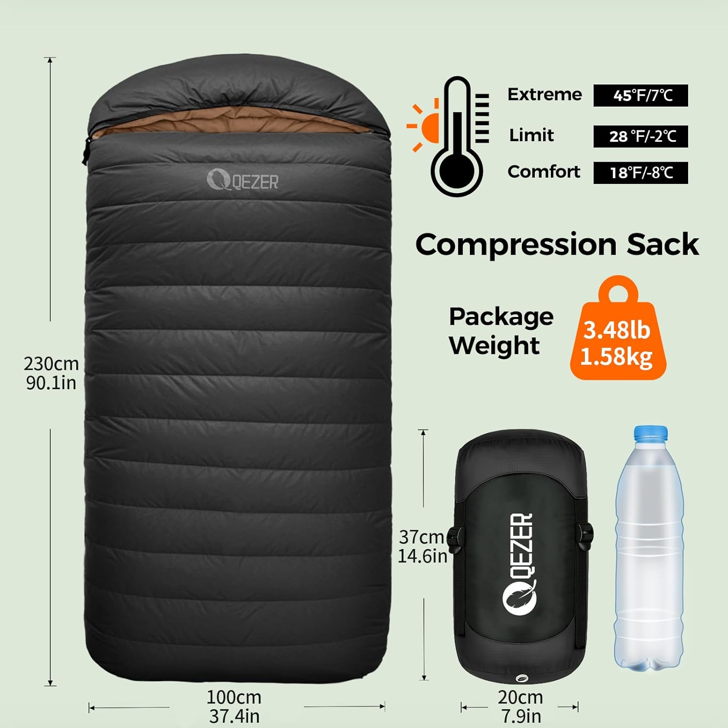 QEZER XXL Winter down Sleeping Bag 0 Degree - 230X100Cm Extra-Wide Alpine Design, 800G Fill with Vertical Baffles to Prevent down Shifting