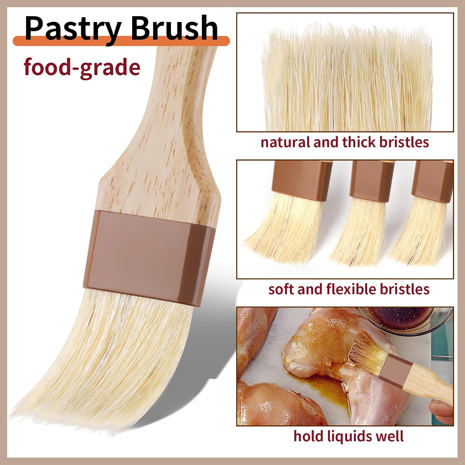 3 Pcs Pastry Brush, Natural Bristle Basting Brush, Cooking Brush, Food Brush, Butter Brush, Baster Brush, BBQ Brushes for Sauce, Kitchen Baking Brushes for Oil, Grilling, Marinade image number 3