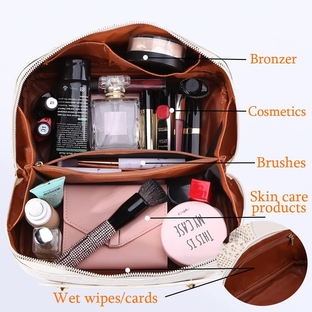 Cessfle Large Capacity Travel Cosmetic Bag,Travel Makeup Bag, Checkered Makeup Bag Open Flat Toiletry Bag Leather Waterproof Flat Lay Makeup Organizer Bag with Handle and Divider for Women, 01-White image number 1